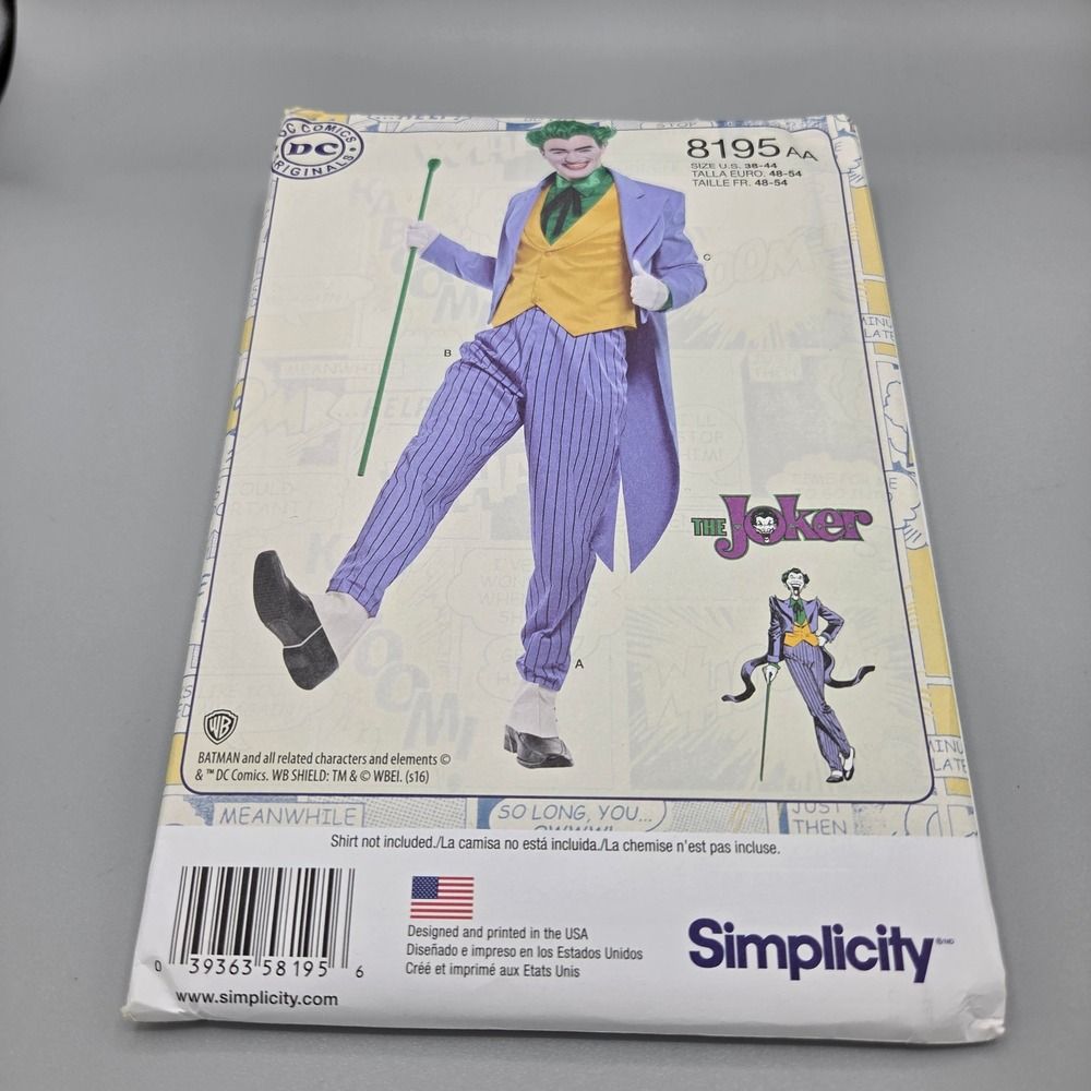 Simplicity 8195 DC Comics The Joker Men's Costume Sewing Pattern Size 38-44 AA